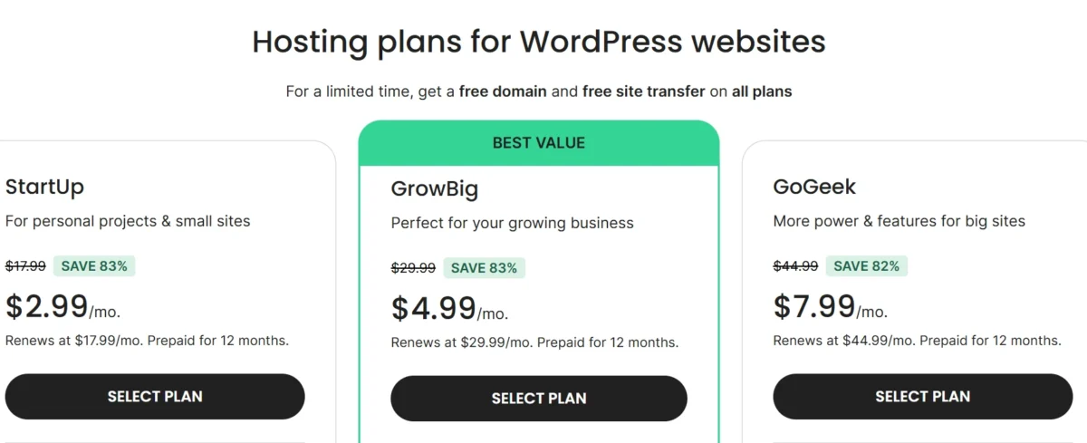 SiteGround pricing plans and hosting options for WordPress websites