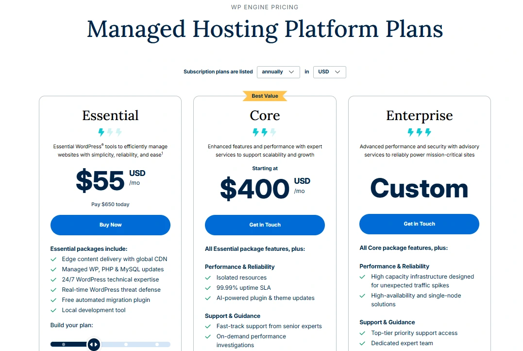 WP Engine pricing plans for premium managed WordPress hosting