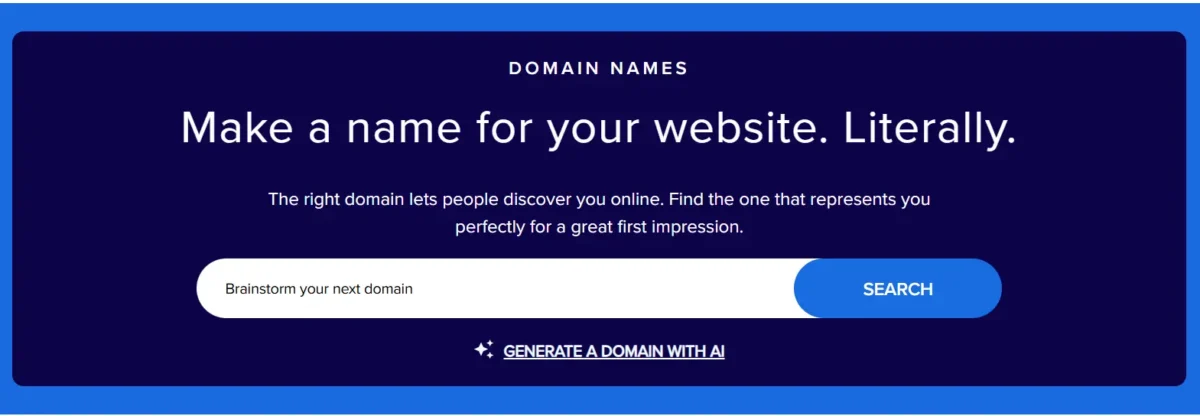 Bluehost domain search page showing a field to brainstorm and generate a website domain