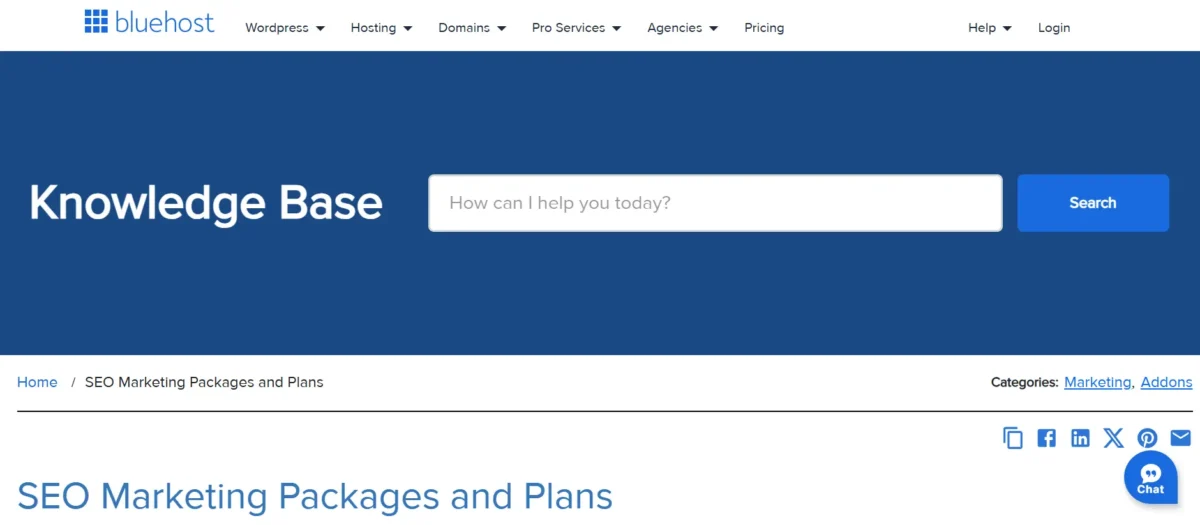 Screenshot of Bluehost Knowledge Base page showing SEO Marketing Packages and Plans