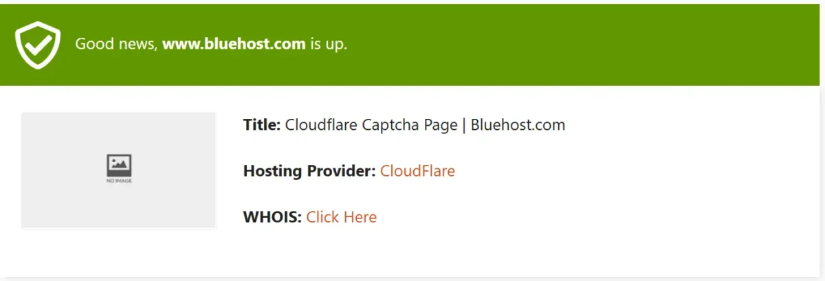 Bluehost uptime status check showing www.bluehost.com
 is up with Cloudflare hosting provider information.