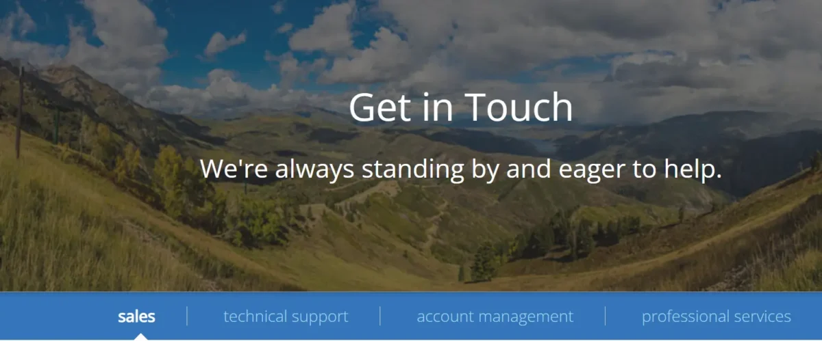 Get in Touch banner with mountain landscape background and sales, technical support, account management, and professional services options