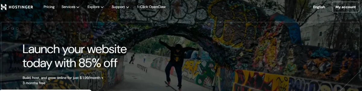 Person jumping under a graffiti bridge banner promoting affordable shared hosting with 85% discount.