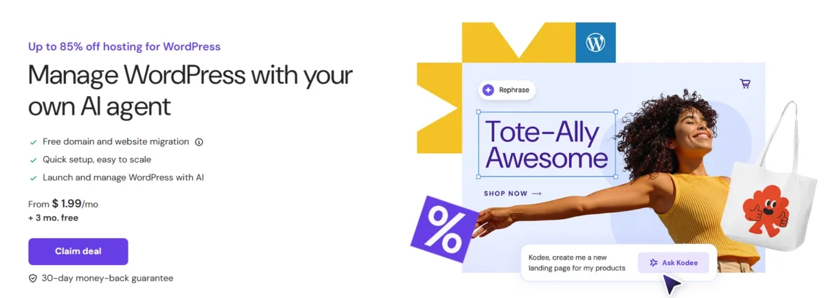 Promotional banner showing WordPress hosting offer with 85% discount and affordable pricing.