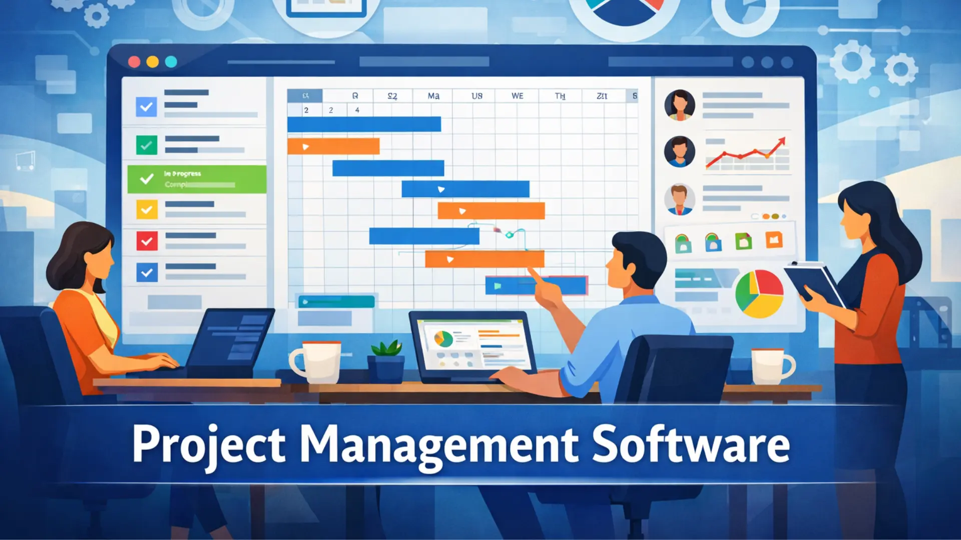 Professional team using 10 project management software dashboard with Gantt charts, task boards, and analytics on laptops and a large monitor, illustrating top project management tools for 2026