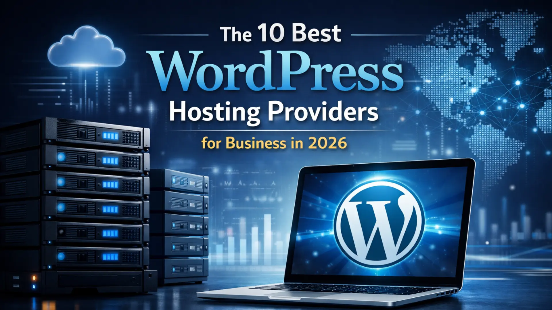 The 10 best WordPress hosting for businesses in 2026 with servers, laptops, and cloud elements