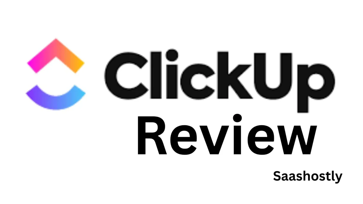 ClickUp Review 2026 logo with Saashostly branding