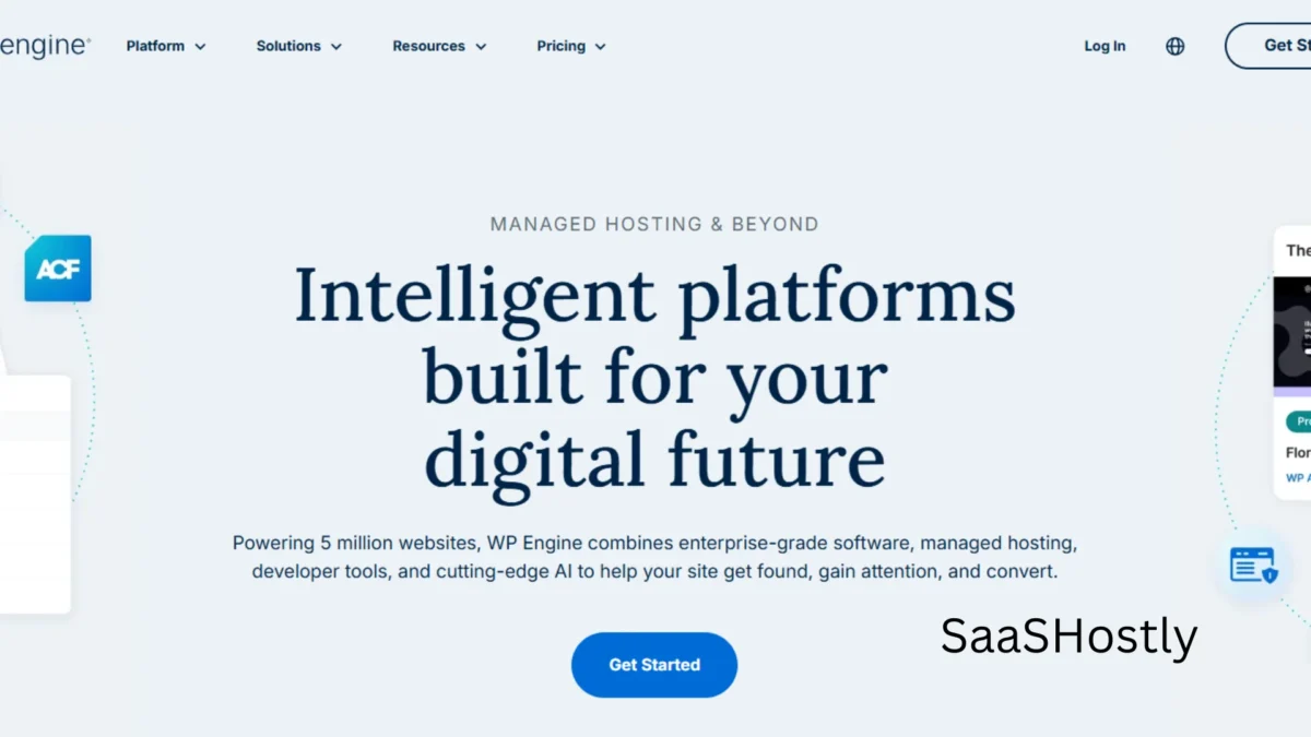 Screenshot of WP Engine homepage highlighting intelligent platforms, managed hosting, and developer tools for building websites