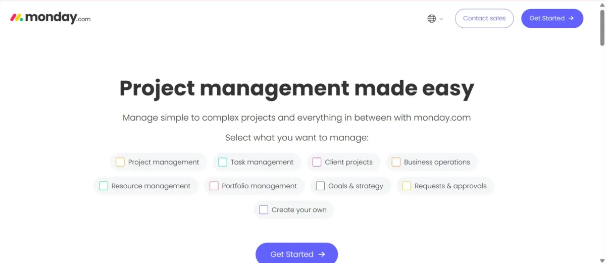 Monday.com homepage showing project management interface and workflow options