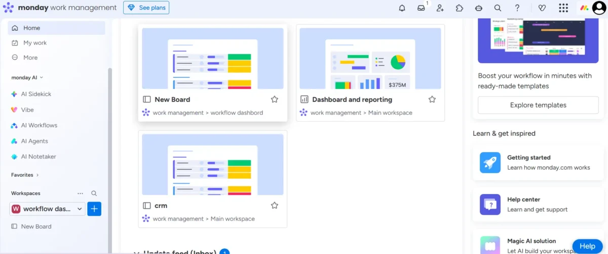 Screenshot of Monday.com work management dashboard showing new board, CRM, and reporting workspace options.