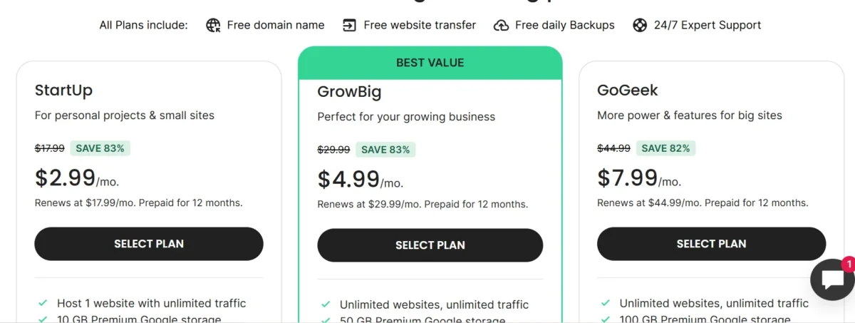 SiteGround web hosting pricing table showing StartUp, GrowBig, and GoGeek plans with monthly prices and features