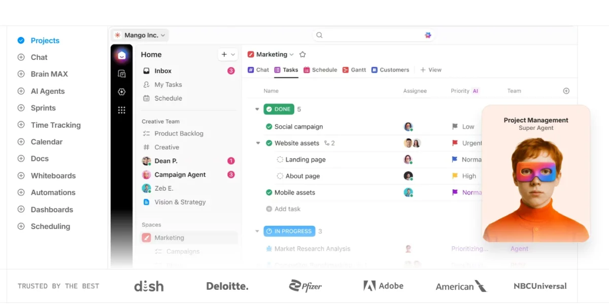 ClickUp dashboard showing marketing tasks, project progress, and AI project management agent.