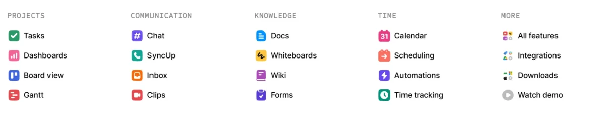 Overview of ClickUp features including tasks, dashboards, chat, docs, calendar, automations, and integrations