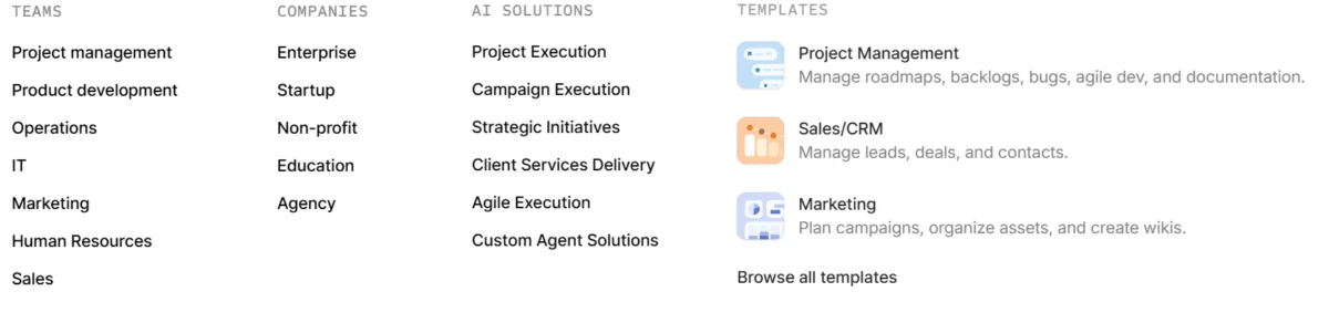 ClickUp website menu showing teams, companies, AI solutions, and project management templates