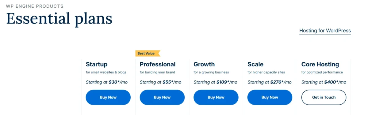 Screenshot of WP Engine Essential plans showing Startup, Professional, Growth, Scale, and Core Hosting options with pricing and features.