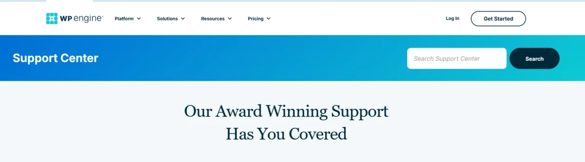 Screenshot of WP Engine Support Center homepage showing award-winning customer support and search functionality