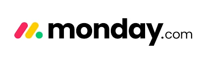 Monday.com logo with colorful icon and black text on white background.
