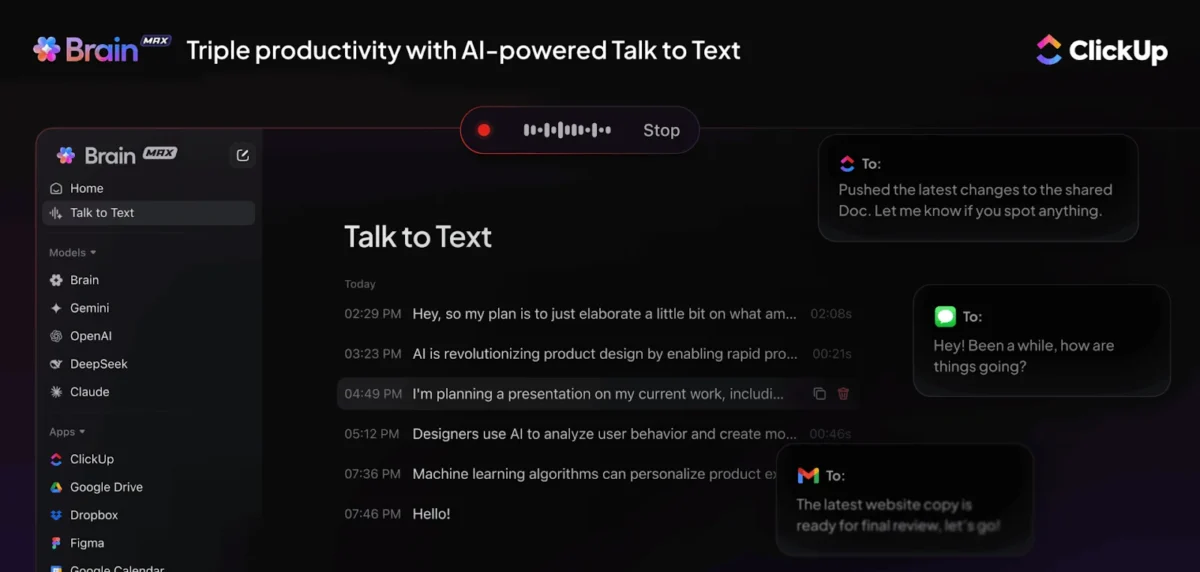 ClickUp Brain Talk to Text feature converting voice notes into text
