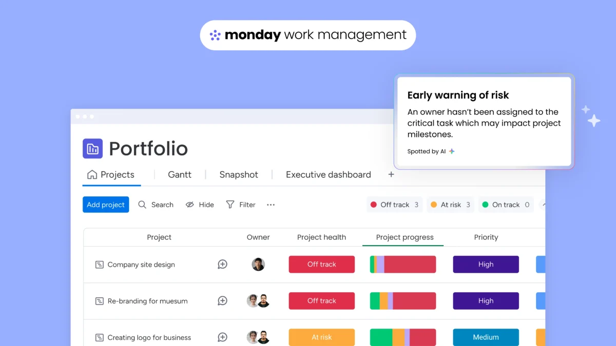 Screenshot of monday.com Work Management portfolio dashboard showing project status, progress bars, and an AI-generated early risk warning notification.
