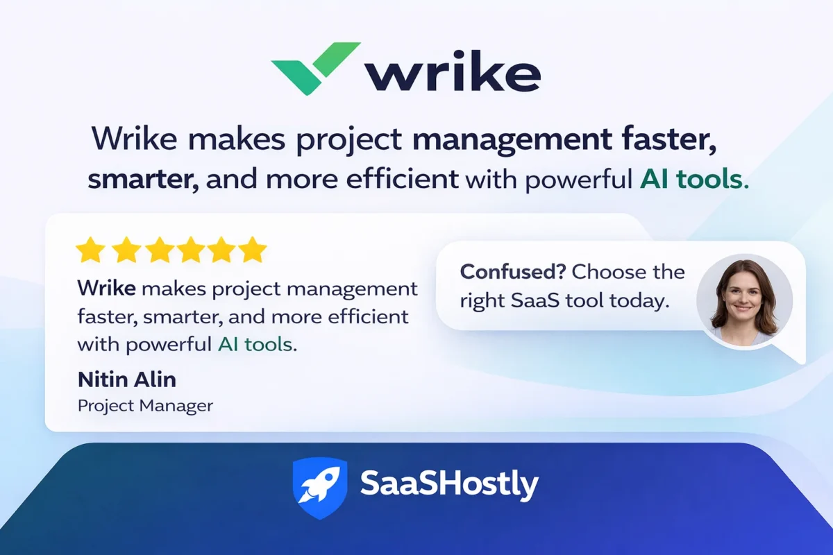 Wrike review testimonial graphic with SaaSHostly branding and Nitin Alin as project manager