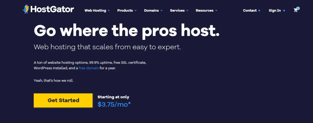 HostGator homepage showing web hosting plans, uptime offer, free SSL, and starting price of $3.75 per month.