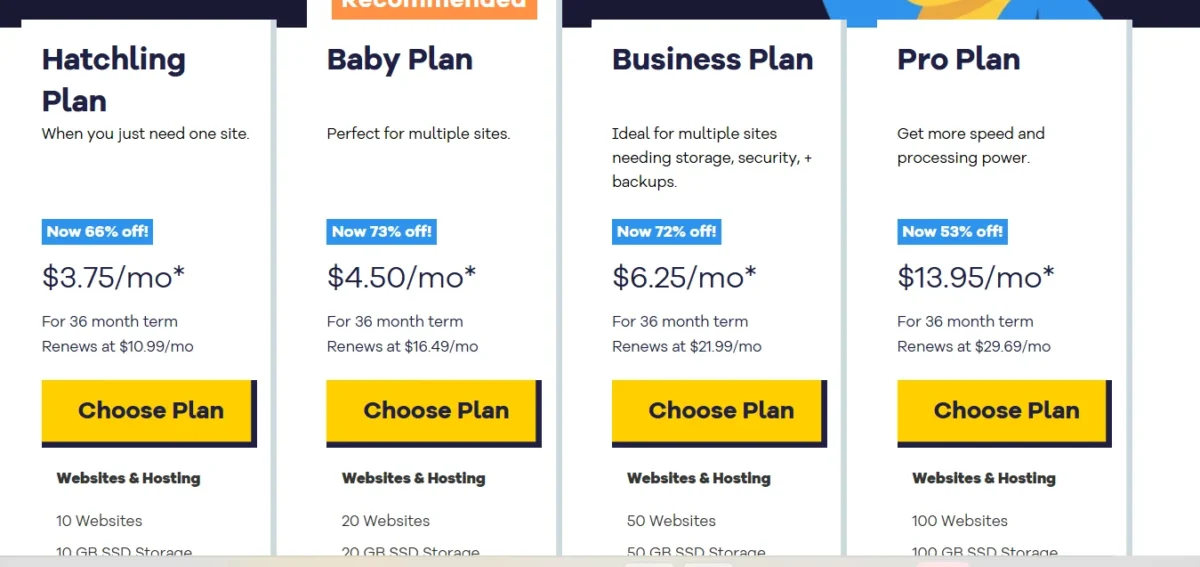 HostGator shared hosting plans with pricing, discounts, and renewal rates