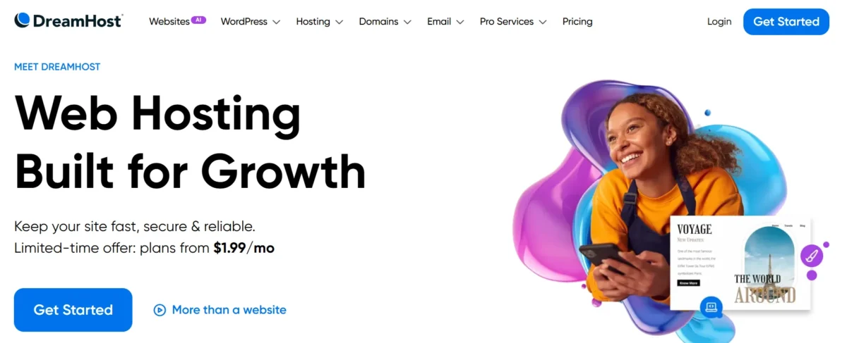 DreamHost homepage hosting banner with woman